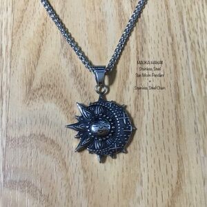 Sun Moon Stars Stainless Steel Enamel Textured Pendant + Custom Wheat Link Chain